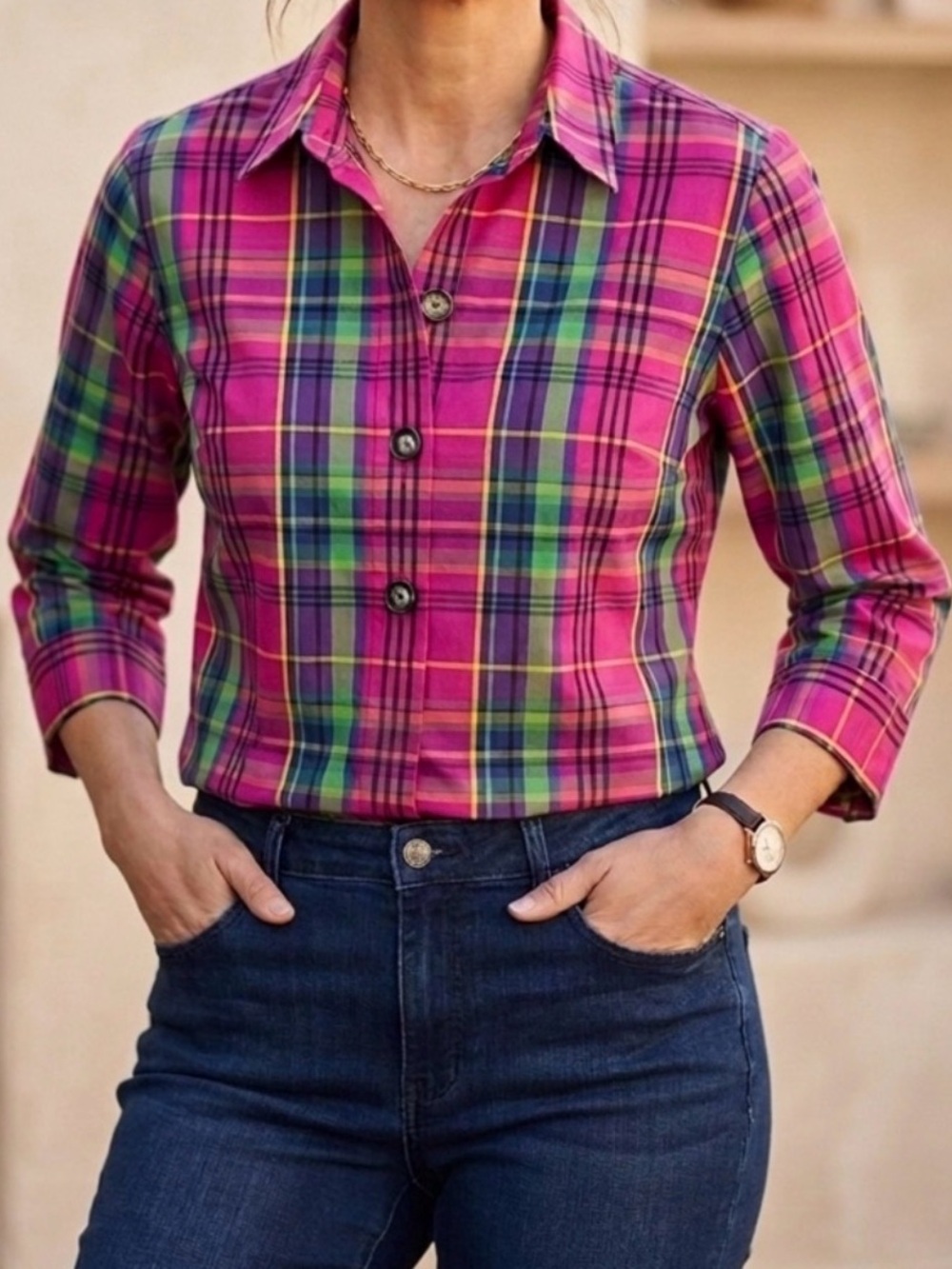 Foxcroft Button-Down Shirt Blouse plaid preppy wrinkle-free pink 3/4 sleeve 14